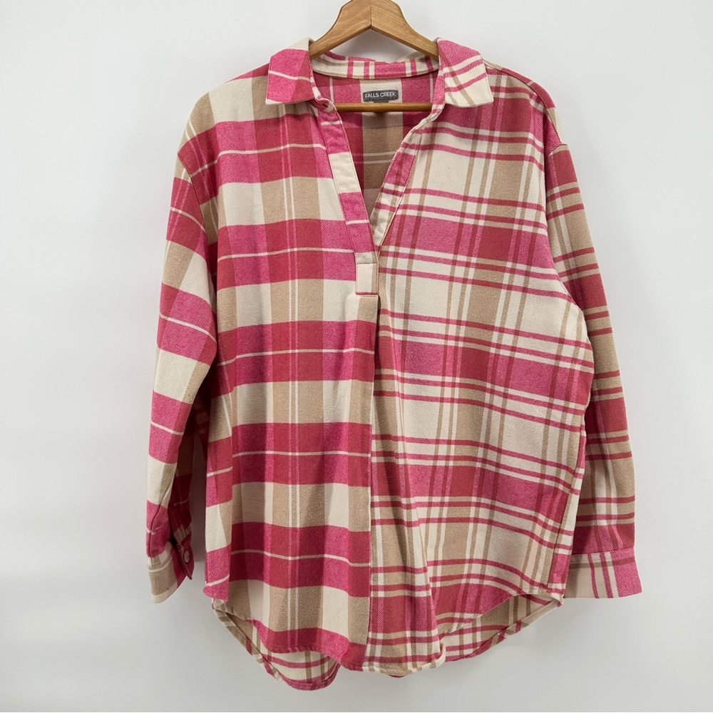 Falls Creek Womens 1X Pink Plaid Flannel V Neck Pullover Shirt Cottagecore Cozy